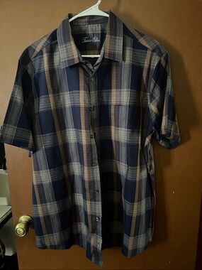 Tasso Elba Navy and Brown Plaid Short-Sleeve Button-Up Shirt